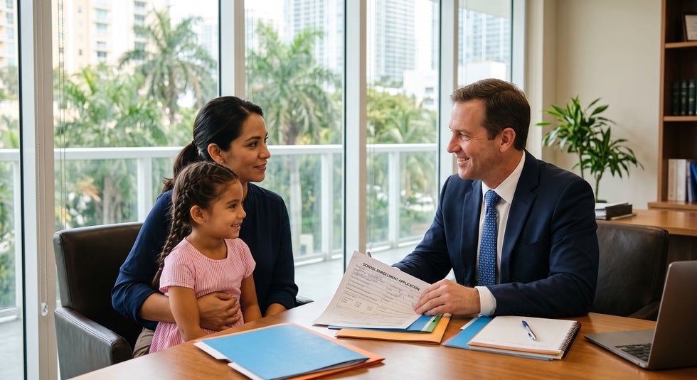 A mother and young daughter discussing school placement paperwork with a family law attorney in a bright Miami law office.
