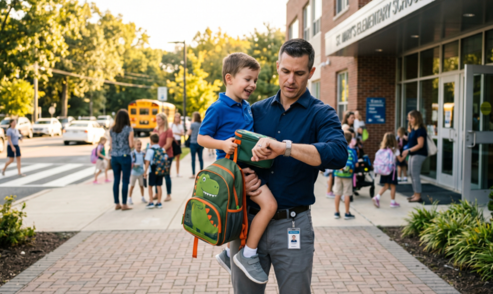 A father looking at his watch while picking up his son from school, illustrating changes in work schedules and children's educational needs that require a parenting plan modification.