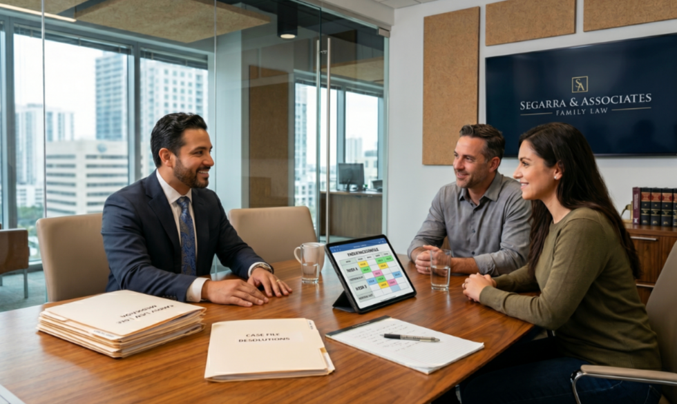 A legal consultation or mediation setting with documents and a digital calendar, representing the process of filing a supplemental petition for modification in Florida.