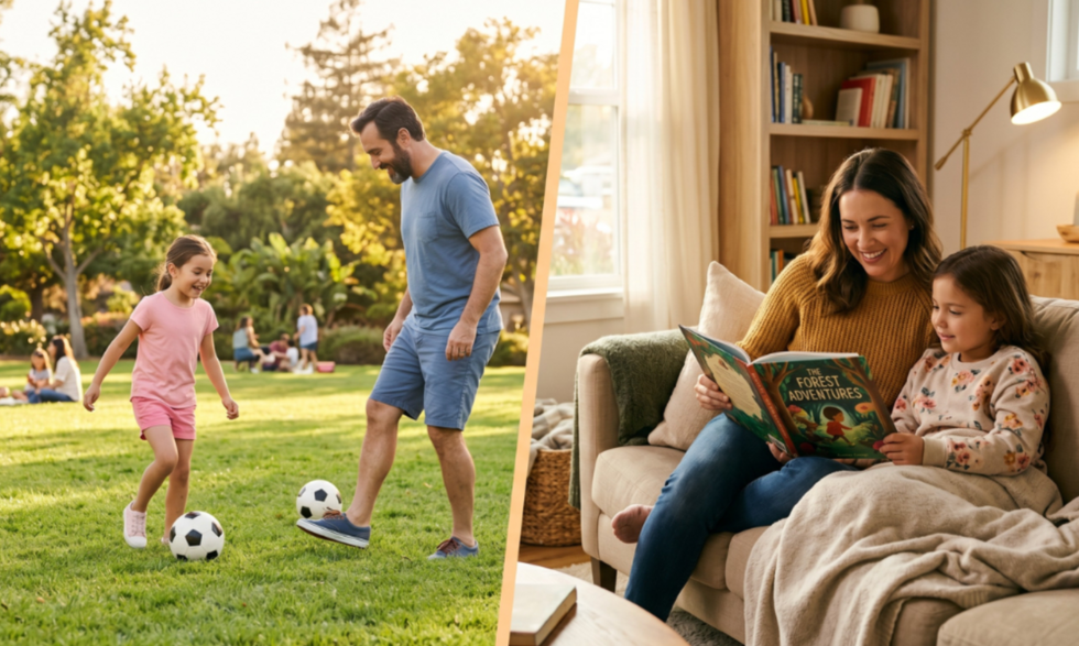 Split scene of a young girl spending quality time with both her father at a park and her mother at home, representing a Florida time-sharing schedule.