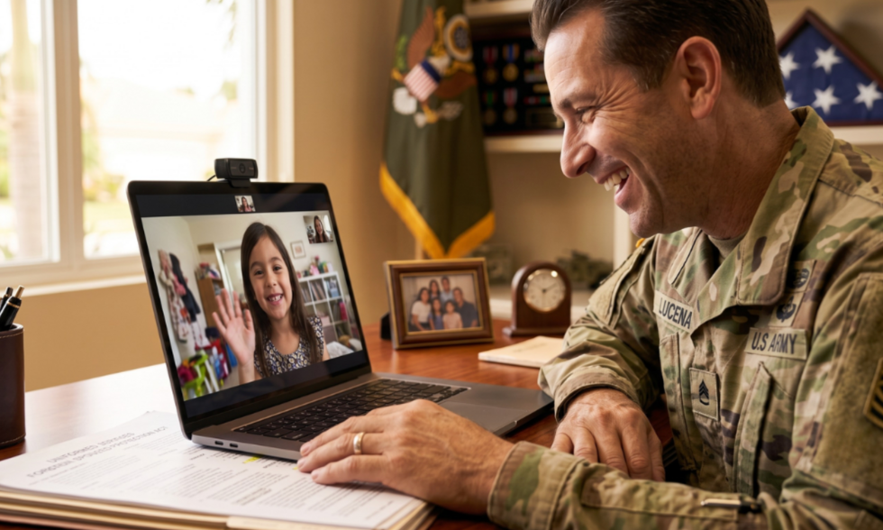 Military parent communicating with child on a video call, highlighting military custody planning and deployment schedule considerations.