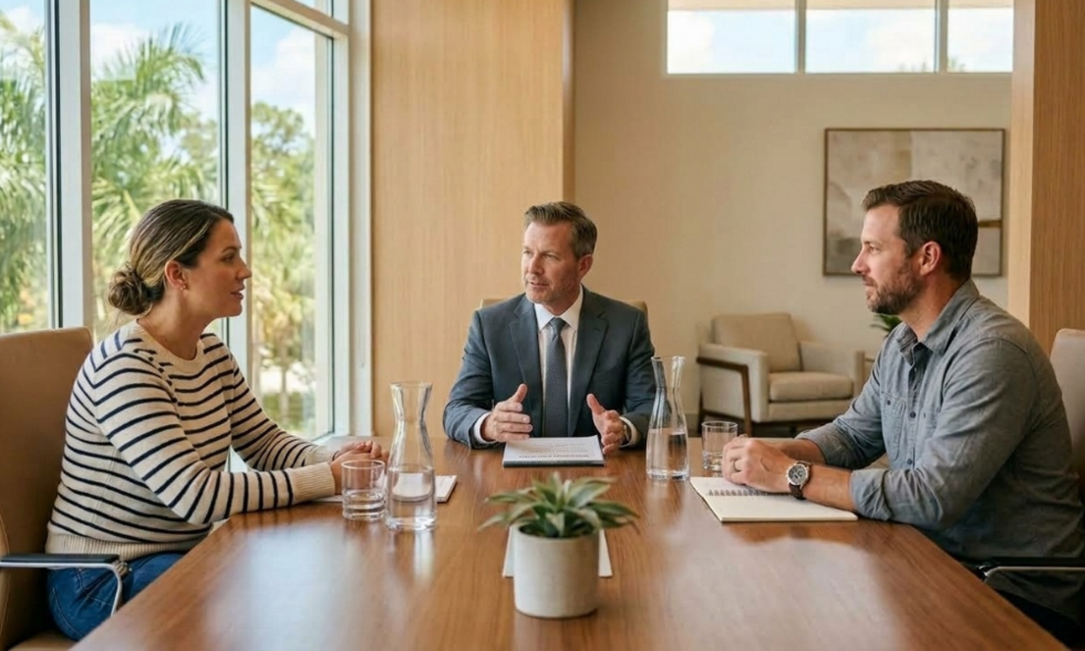 Neutral family mediator guiding two co-parents through a constructive custody discussion in a bright office.