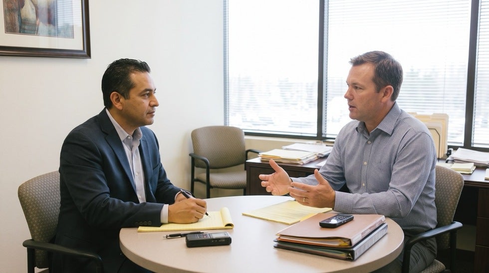 A candid photo of an attorney taking notes on a yellow legal pad as he listens to his client, a man in a blue button-down shirt, gesturing as he speaks during an informal meeting in a bright office. Stacked files and a digital recorder sit on the round table between them.