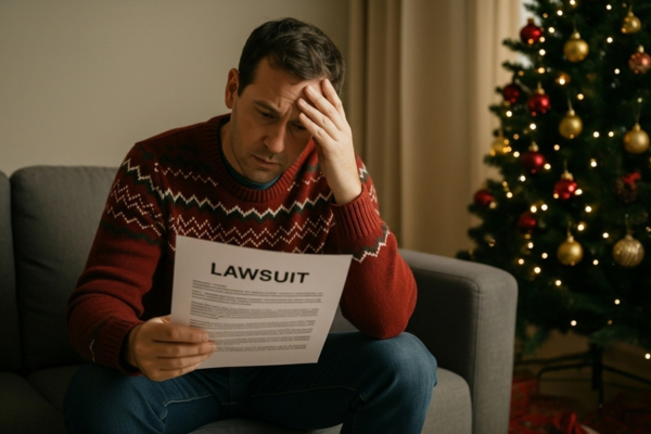 stressed man getting served lawsuit documents during the holidays.
