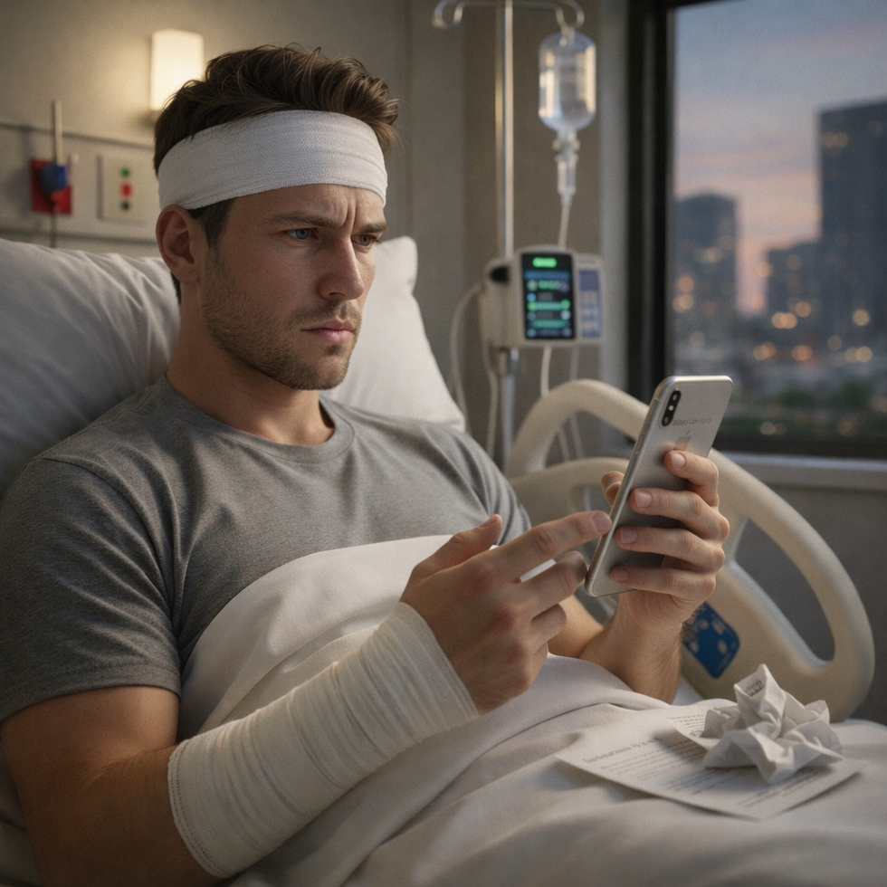 Injured accident victim in hospital bed looking for personal injury lawyers near me
