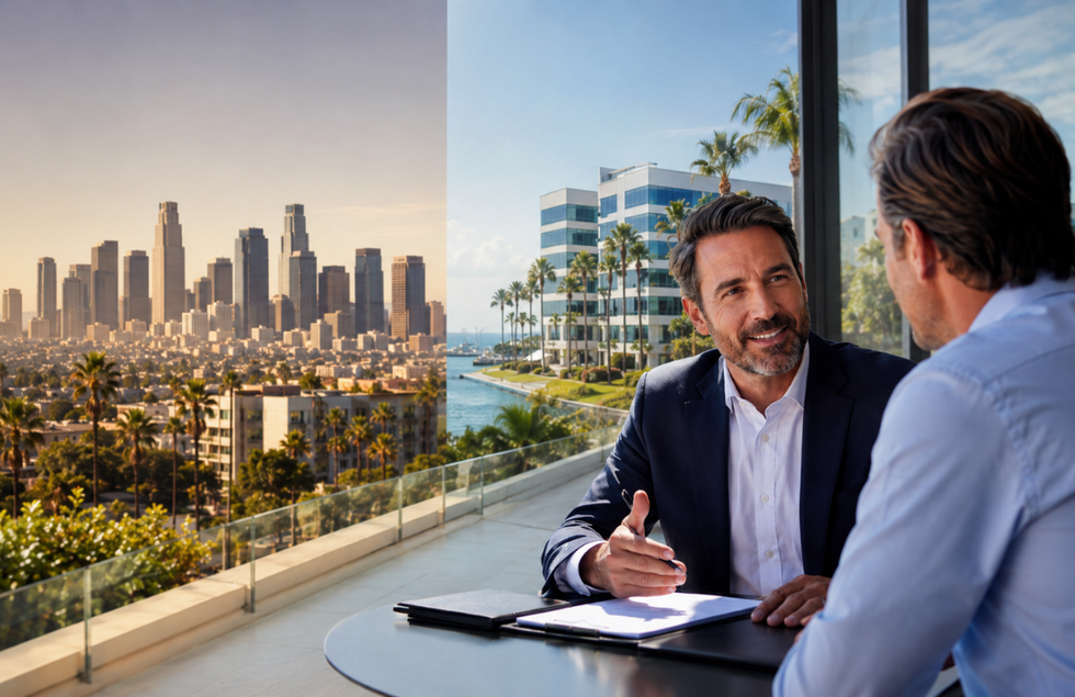 Business attorney advising a client with Los Angeles and Orange County cityscape views, representing legal guidance for Southern California business owners.