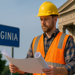 Out-of-state contractor reviewing blueprints near a Virginia job site to comply with DPOR licensing laws.