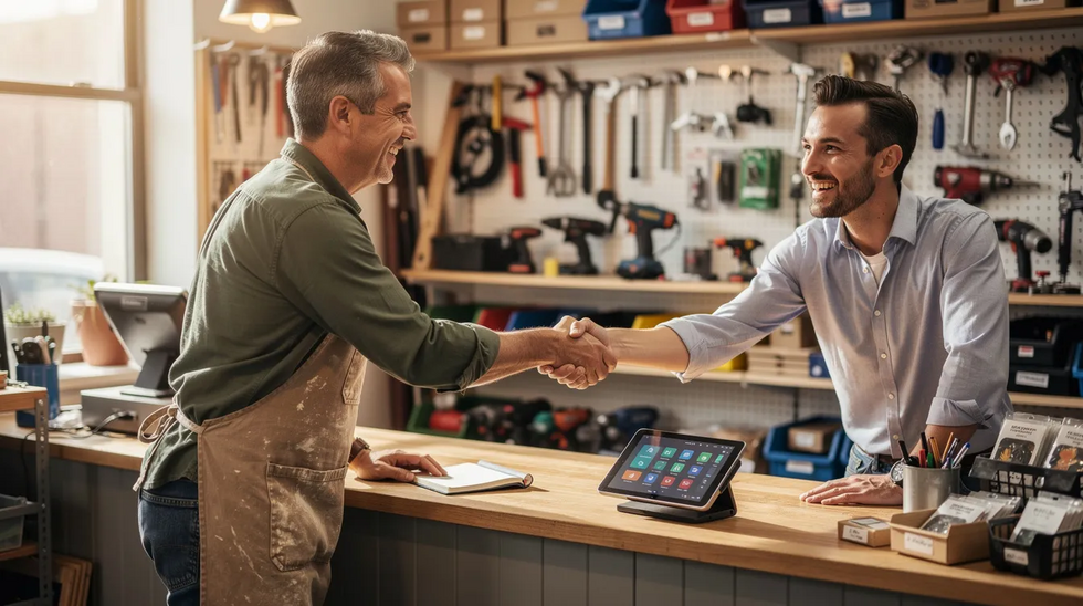 The image depicts two individuals shaking hands over a small business counter, with various tools and inventory visible in the background, symbolizing a business transaction involving the purchase of tangible assets and potential future agreements. This scene represents the key components of a purchase agreement, highlighting the importance of legal guidance in business acquisitions.