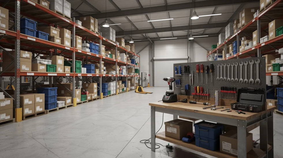 The image depicts the interior of a warehouse filled with shelving units that are stocked with various inventory items, alongside a workbench equipped with an array of tools. This setting reflects the tangible assets involved in business operations and could be relevant for discussions around asset purchase agreements and business acquisitions.