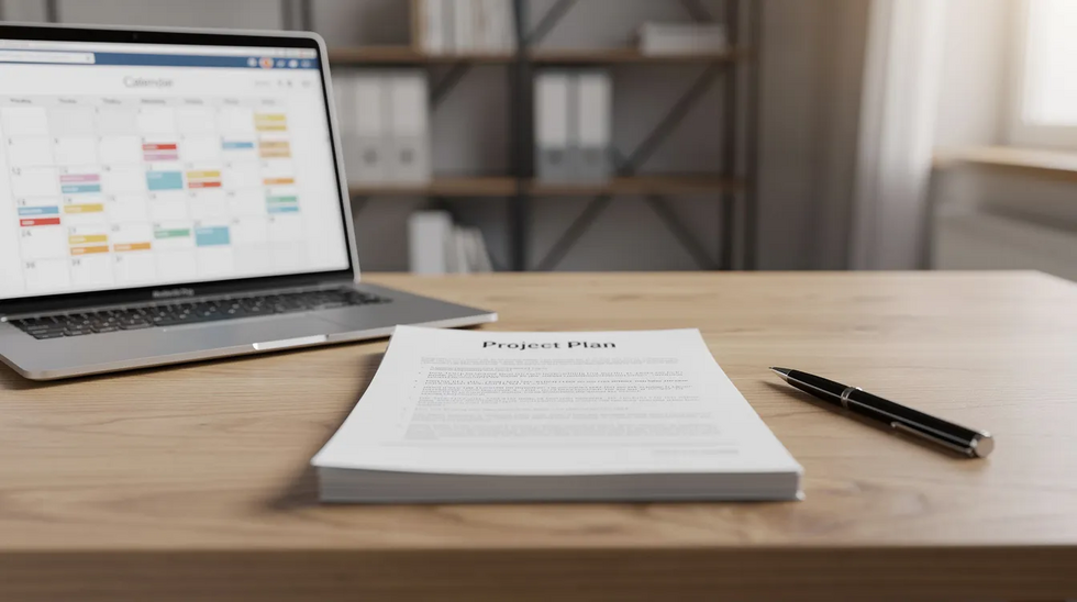 The image shows a desk cluttered with a stack of documents related to business transactions, a pen, and a laptop displaying a calendar, suggesting preparations for an asset purchase agreement or other business operations. The scene reflects the organized chaos often found in environments where important decisions about tangible and intangible assets are made.