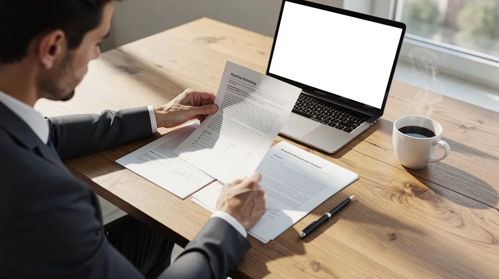A person is seated at a wooden desk, reviewing financial documents and a laptop, with a coffee cup and pen nearby, engaged in the due diligence process for a business acquisition. This scene reflects the careful examination of a company's financial health and operations, essential for aspiring business owners considering buying an existing business.