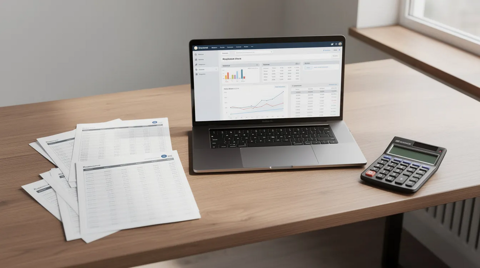 The image features a calculator, financial spreadsheets, and a laptop neatly arranged on an office desk, symbolizing the due diligence process in the business acquisition process. This setup highlights the importance of reviewing financial documents and assessing the company's financial health when buying an existing business.