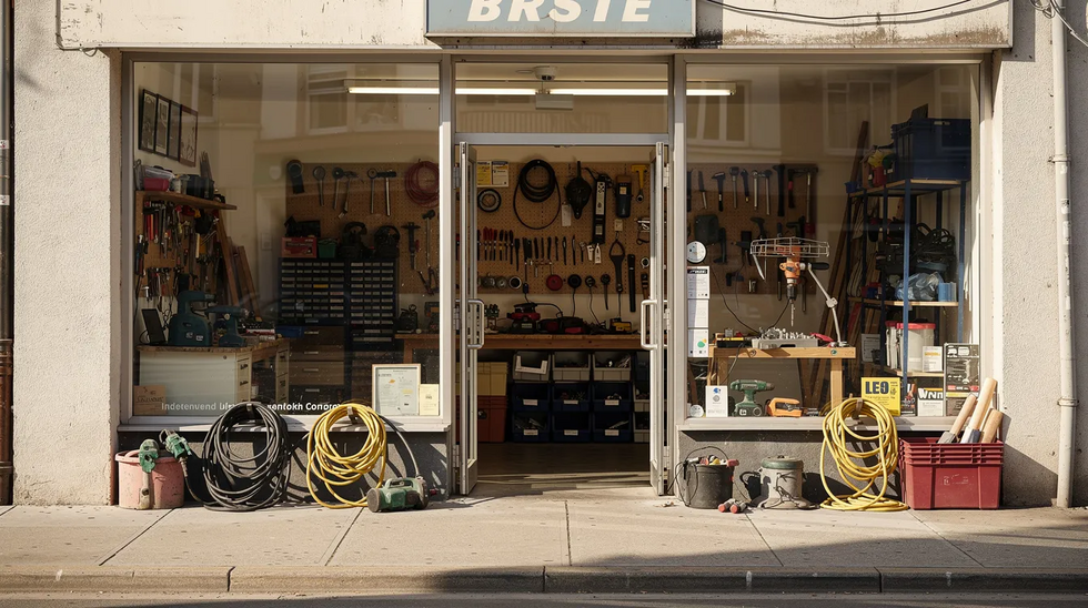 The image depicts a small business workshop or storefront filled with various tools and equipment, showcasing the operational aspects of an existing business. This setting reflects the importance of reviewing financial documents and understanding the business's financial health during the due diligence process for a successful business acquisition.