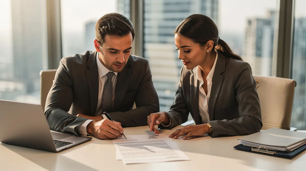 The image depicts two business professionals engaged in a thorough review of a contract at a conference table, highlighting the importance of the due diligence process in the business acquisition process. They are likely examining key financial documents to assess the existing business's financial health and ensure a successful business acquisition.