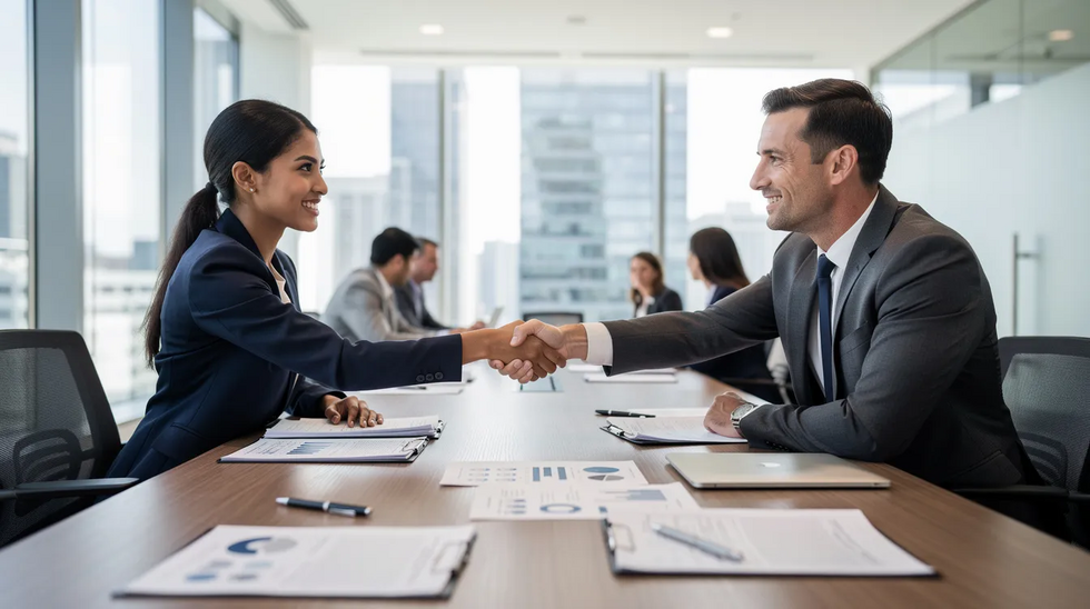 The image shows two people shaking hands across a conference table, with various financial documents, including balance sheets and cash flow statements, spread out in front of them. This scene represents a successful business acquisition process, highlighting the importance of reviewing financial documents and conducting due diligence when buying an existing business.