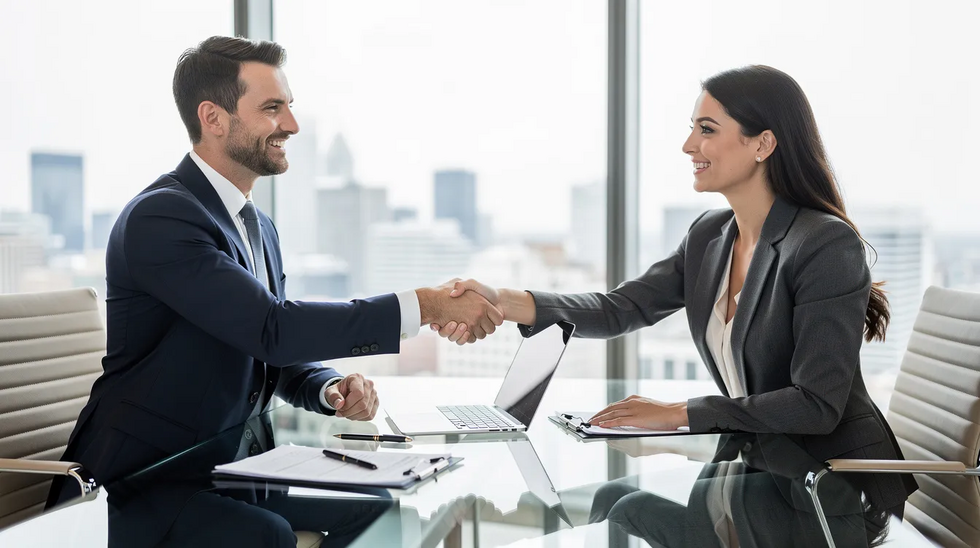 In a modern office, two business professionals are shaking hands across a sleek conference table, symbolizing a valid and binding obligation related to a stock purchase agreement. The atmosphere suggests a successful negotiation, possibly involving terms like purchase price and financial statements.