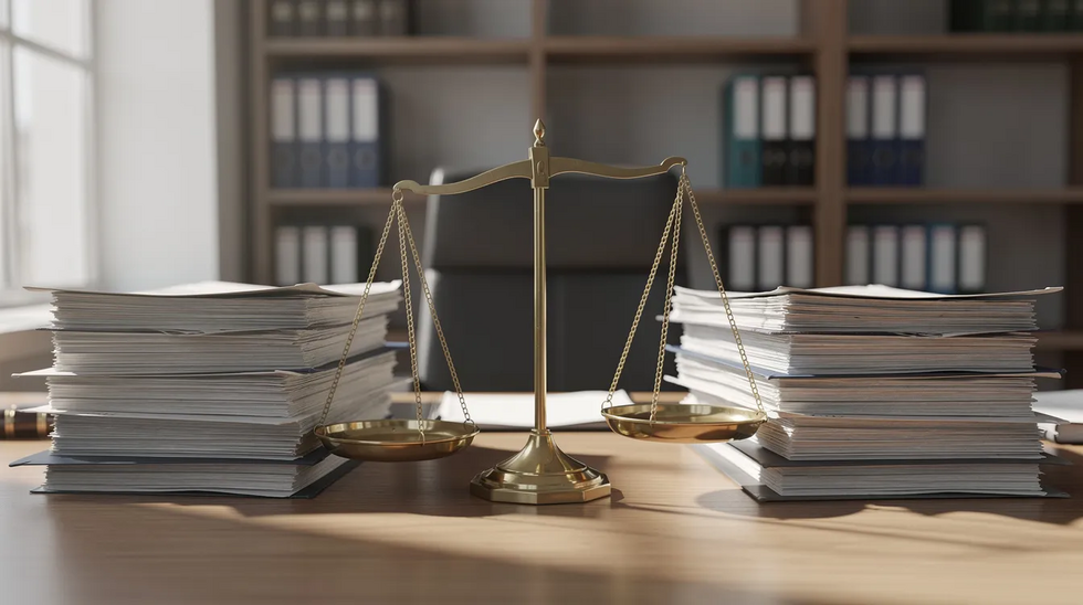 A traditional balance scale sits on a desk, with stacks of documents on each side, symbolizing the weighing of various factors in a stock purchase agreement. The scene reflects the careful consideration of financial statements and obligations that are essential in transactions contemplated by business entities.