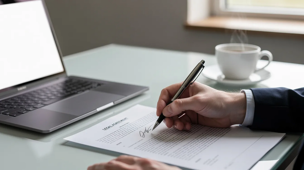 A person is seated at a desk, signing legal documents with a pen, while a laptop and a coffee cup sit nearby. The scene suggests a focus on transactions such as a stock purchase agreement, with the individual engaged in a valid and binding obligation related to the purchase price and ownership interests.
