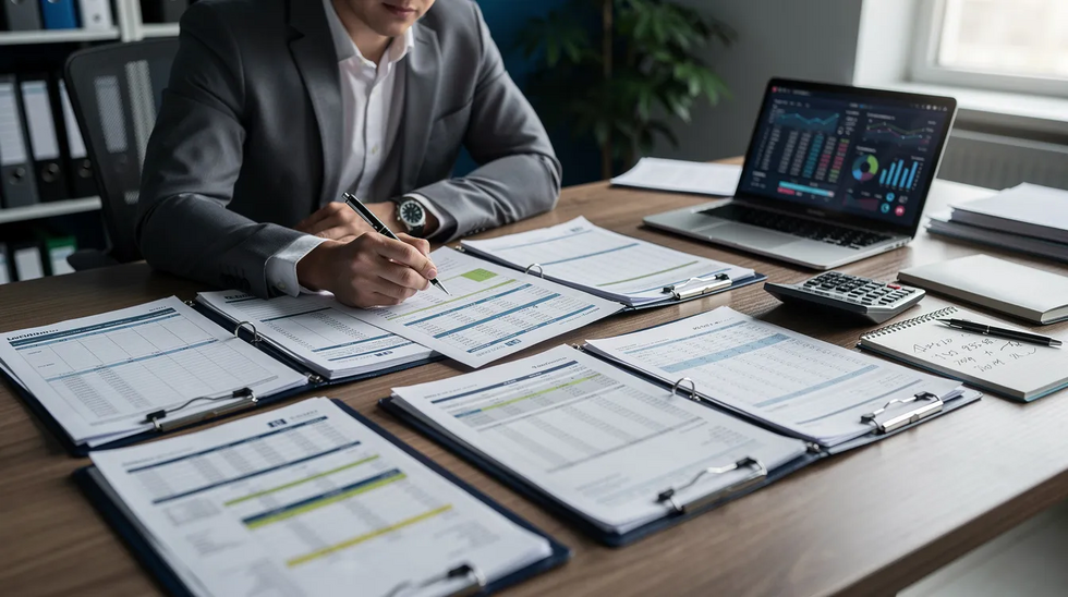 A person is seated at a large desk, intently reviewing various financial documents and folders, which likely include important items such as financial statements and a stock purchase agreement. The workspace is organized yet busy, indicating a thorough examination of the terms and obligations related to a potential asset purchase.