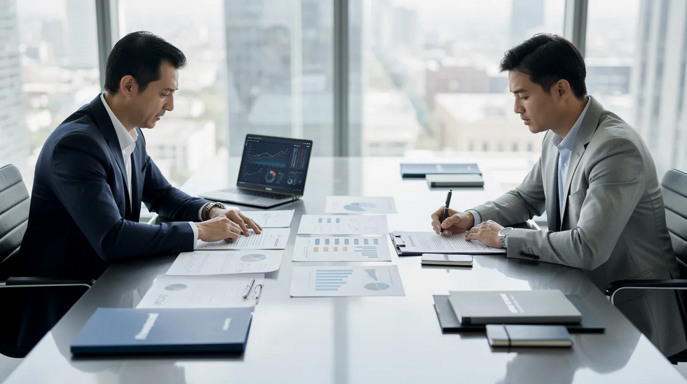 A business owner and a buyer are seated across a conference table, carefully reviewing financial documents related to a business sale. They are discussing important aspects such as the purchase price, loan agreement, and seller financing options to ensure a smooth transition and understanding of cash flow and payment schedules.