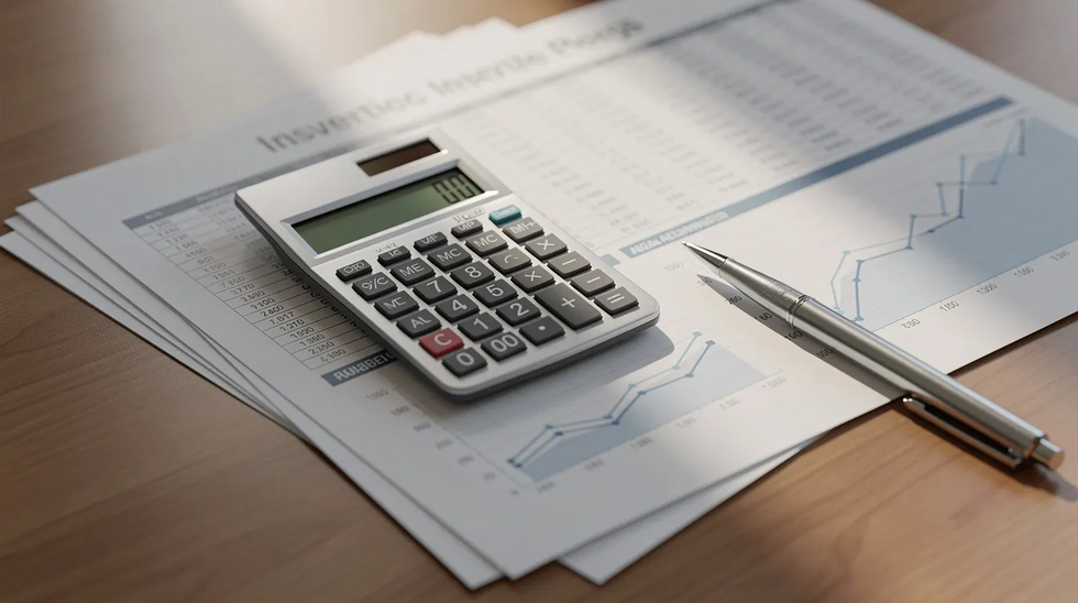 An office desk is cluttered with a calculator, financial statements detailing cash flow and tax consequences, and a pen, reflecting the complexities involved in a seller financing business sale. This setup suggests a focus on negotiating terms related to the purchase price and payment schedule for a potential business transaction.