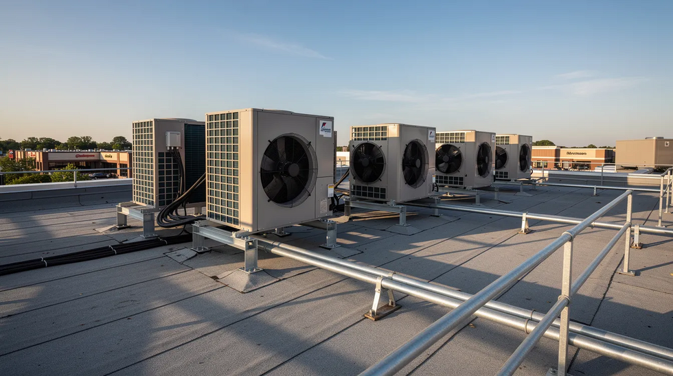 The image depicts a row of commercial HVAC units installed on a rooftop, symbolizing valuable small business assets. These units represent potential financing opportunities for business sales, where sellers might consider seller financing options to facilitate transactions.