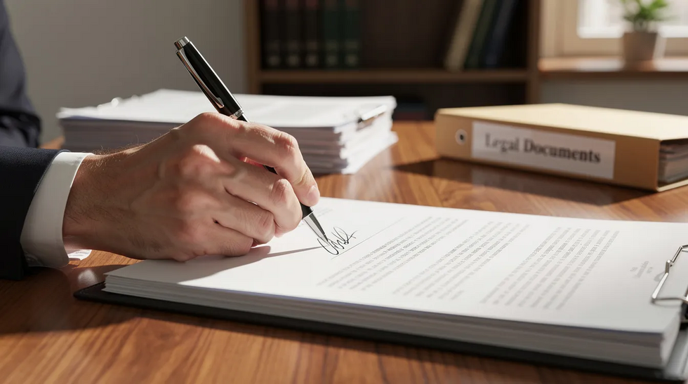 A person is sitting at a wooden desk, focused on signing legal documents related to a business sale, using a pen. The scene conveys the important steps in a transaction involving seller financing, highlighting the significance of loan agreements and the purchase price in the deal structure.