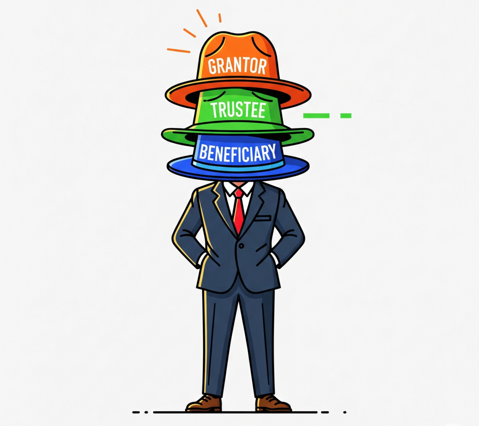 Illustration of a person wearing three hats labeled "Grantor," "Trustee," and "Beneficiary," representing the common roles an individual can hold in a Spokane, Washington trust.