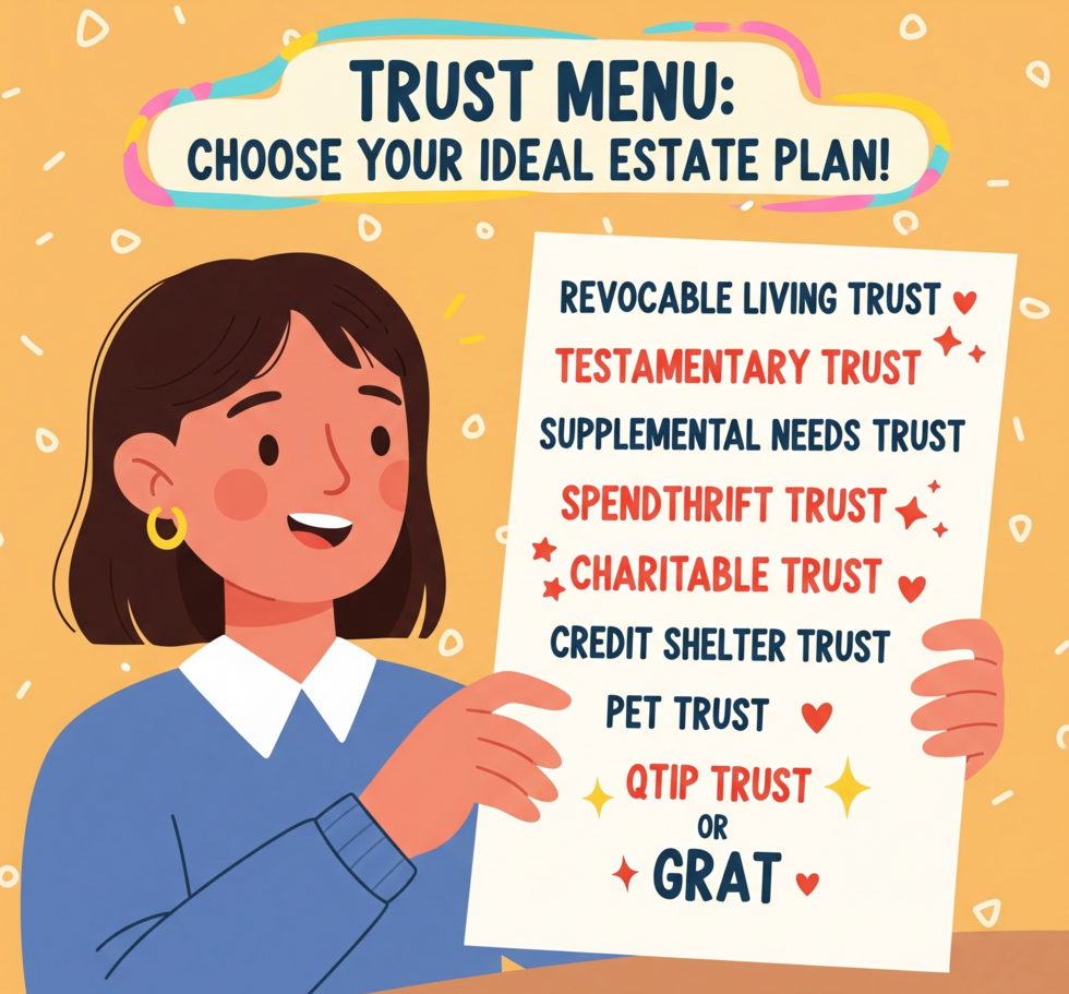 A cheerful graphic of an individual reviewing a "Trust Menu" listing various estate planning options