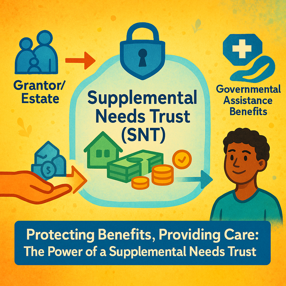 A visual diagram showing how a Supplemental Needs Trust (SNT) in Washington allows a grantor to transfer assets to a loved one with special needs without affecting their eligibility for governmental assistance programs.