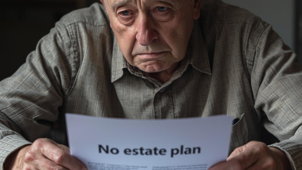 Sad old man holding "probate" sign