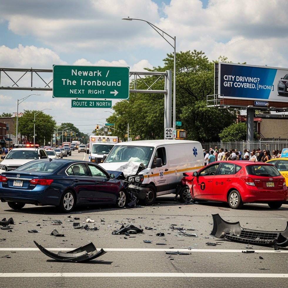 Two-vehicle collision involving a sedan, a red car, and a white van on Route 21 near River Street and McCarter Highway in Newark, NJ, with emergency responders and traffic detours in the background.