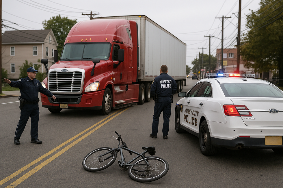 Truck and bicycle crash scene on Ford Avenue near Jersey City, NJ with emergency vehicles present