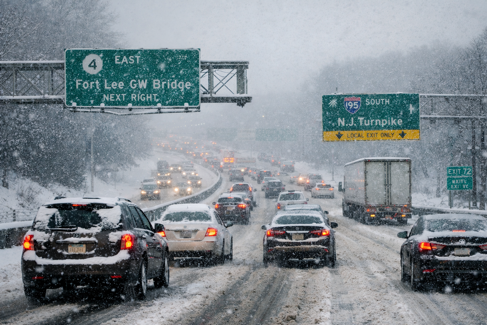 Snow-covered Route 4 near the George Washington Bridge in Bergen County, NJ during hazardous winter driving conditions