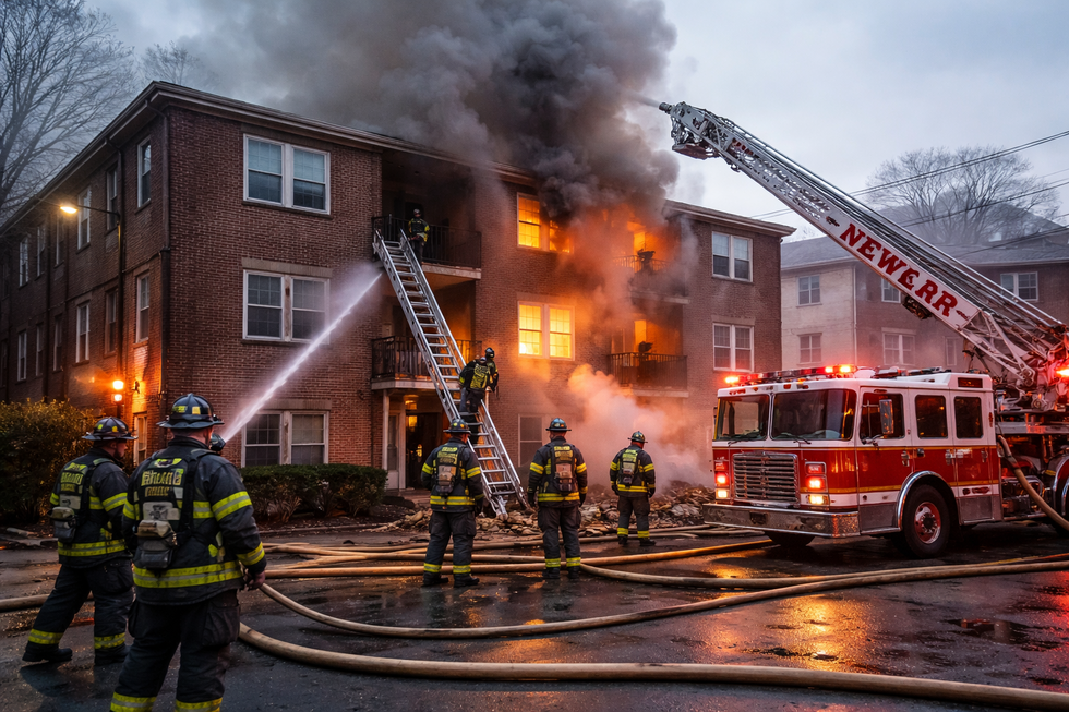 Firefighters responding to apartment fire at residential building in Newark New Jersey early morning incident