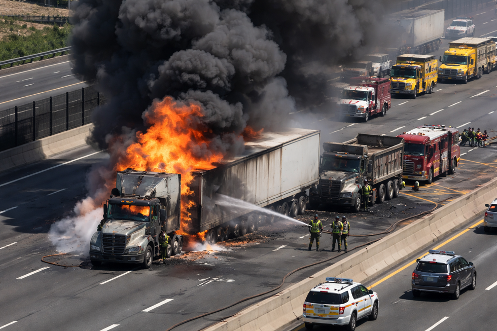 Burning tractor trailer after truck crash on NJ Turnpike in Woodbridge NJ with firefighters responding
