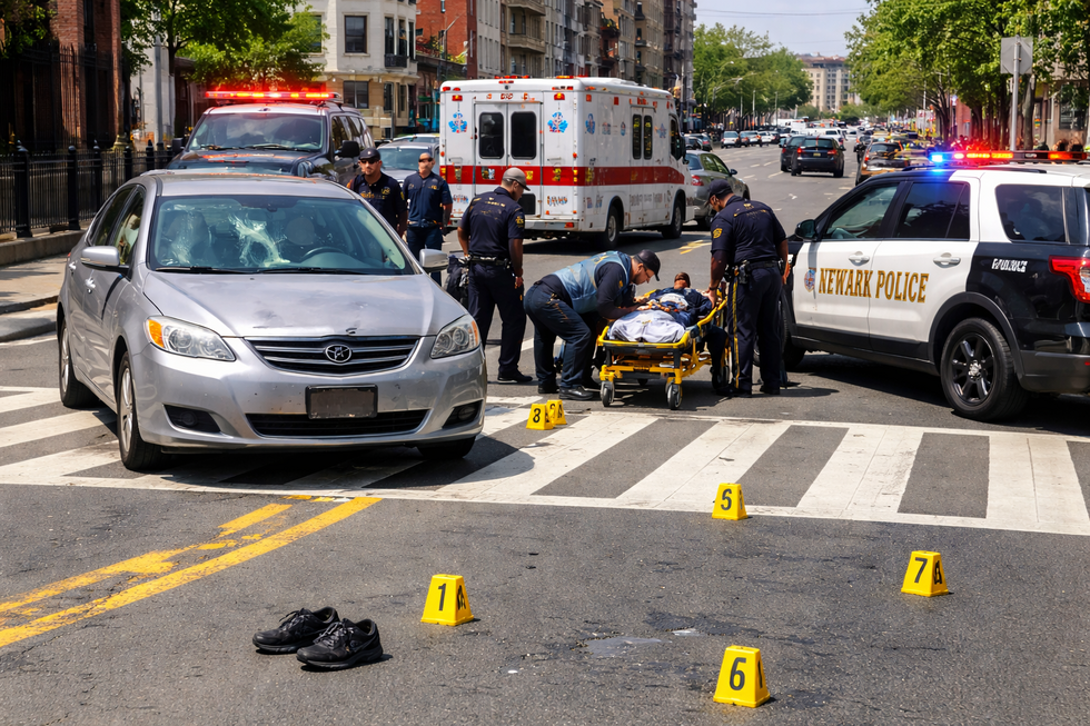 Pedestrian accident scene on 14th Avenue in Newark NJ with police and ambulance responding after vehicle struck pedestrian