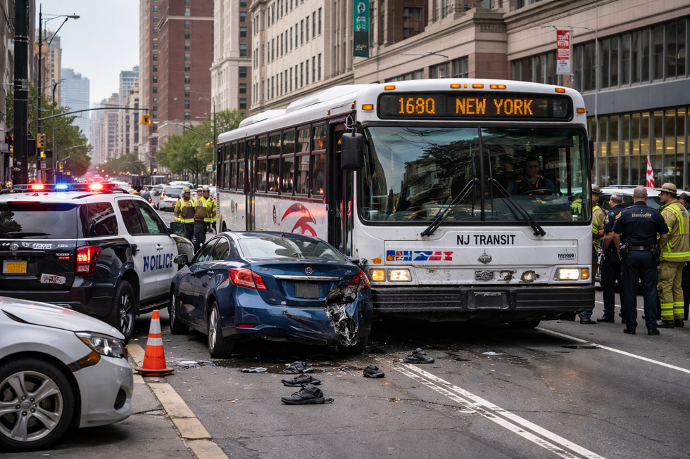 NJ Transit bus and damaged vehicle at accident scene on busy Newark NJ street with emergency responders present.