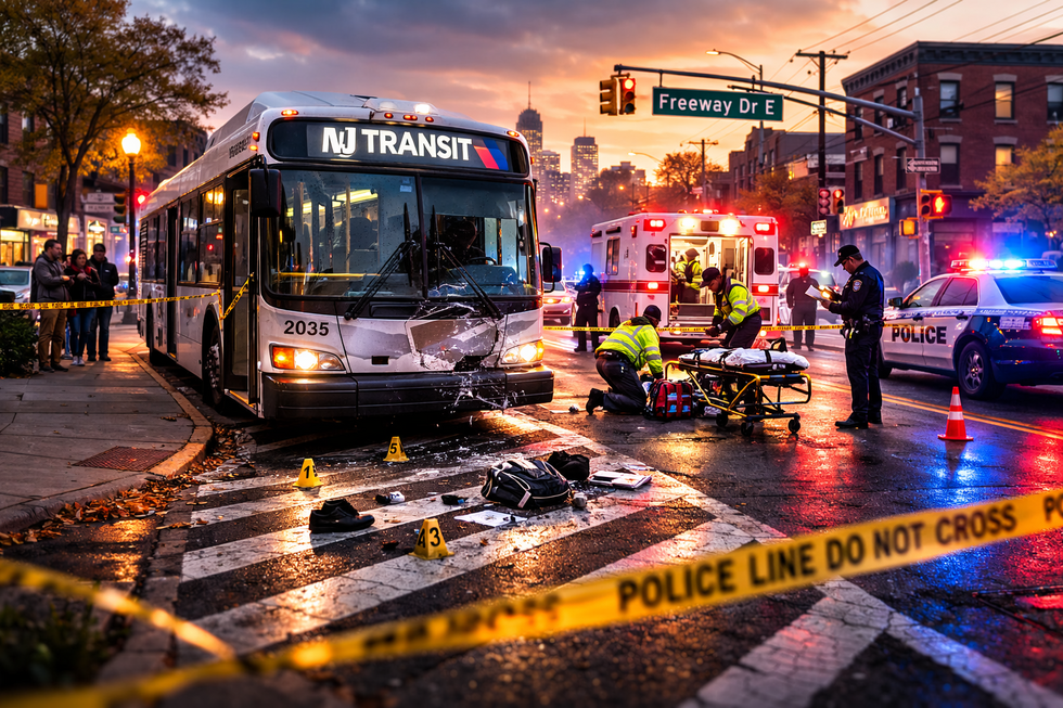 NJ Transit bus at crash scene with emergency responders in East Orange Essex County NJ