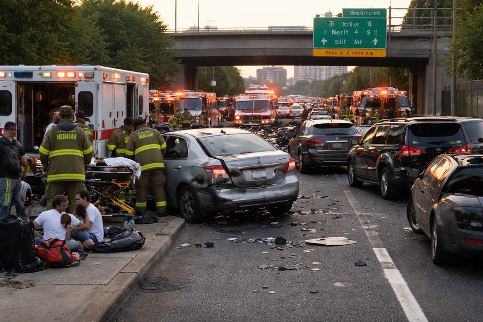 Multi-vehicle crash on McCarter Highway in Newark NJ with emergency responders assisting injured victims