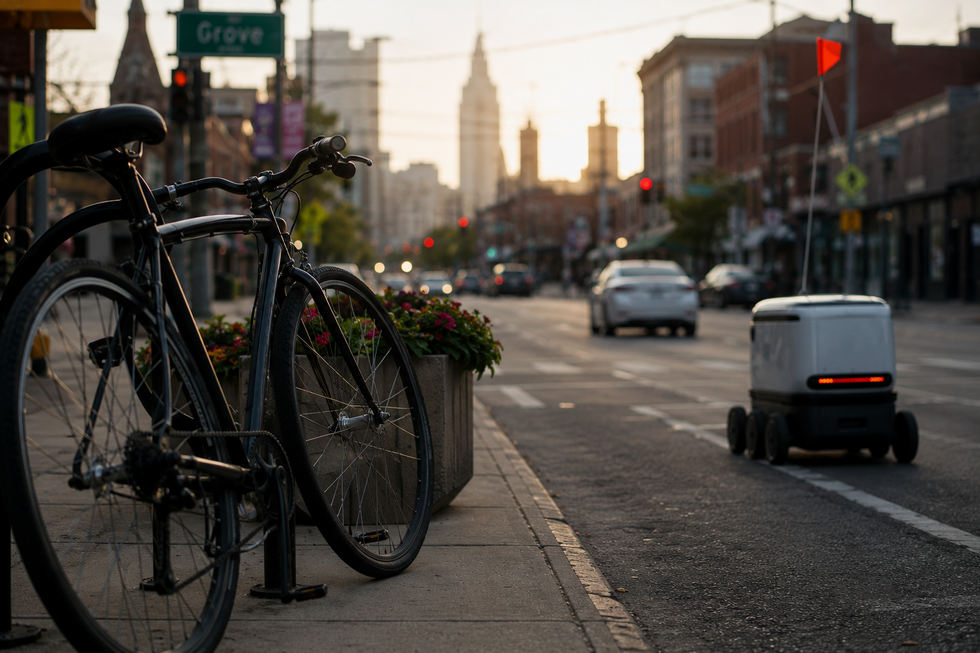 Autonomous delivery robot traveling through a Jersey City street near a parked bicycle in Hudson County