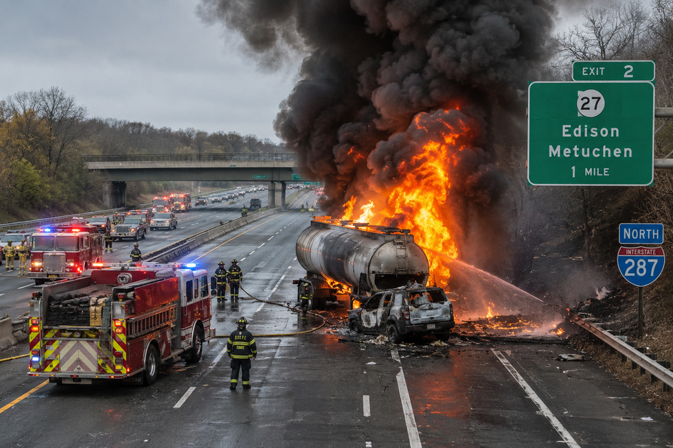 Massive fuel tanker fire on Interstate 287 in Edison New Jersey after deadly commercial truck crash near Route 27