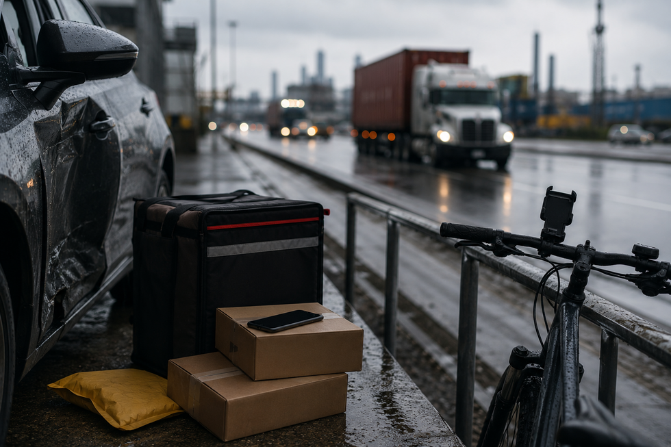 Delivery driver standing near damaged work vehicle along New Jersey industrial highway corridor after workplace accident