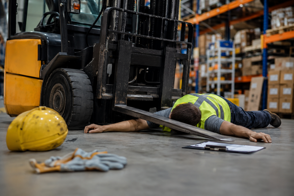 Forklift accident scene inside New Jersey warehouse involving serious workplace injury investigation