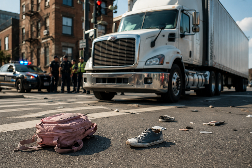 Jersey City truck accident scene involving a tractor-trailer and injured pedestrians at a city intersection in New Jersey