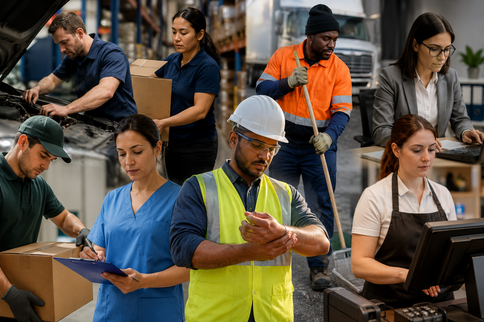 Diverse group of New Jersey workers in healthcare, retail, warehouse, transportation, office, and skilled labor jobs representing workplace injury and Workers' Compensation claims.