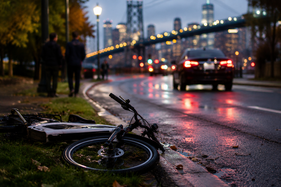 New Jersey hit-and-run accident scene involving a pedestrian and electric bicycle at dusk.