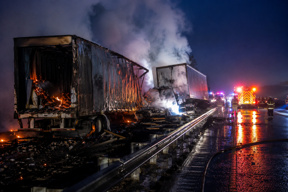 New Jersey truck accident scene after two tractor-trailers collided and caught fire on the NJ Turnpike near Carteret in Middlesex County.