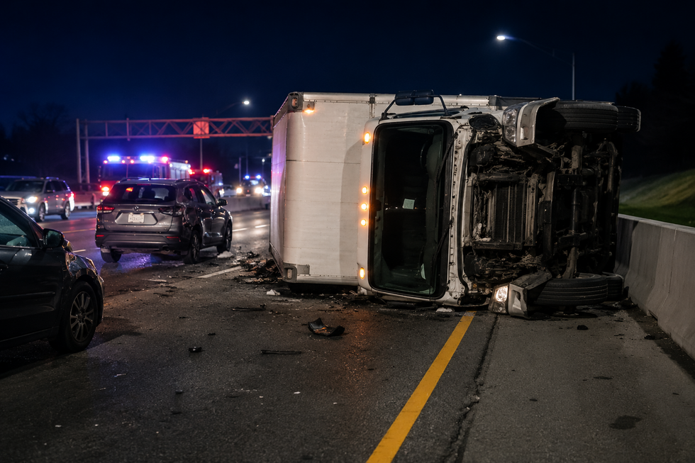 Overturned box truck involved in a multi-vehicle crash on Interstate 80 in Denville Township, Morris County, New Jersey, highlighting the dangers of commercial truck accidents.