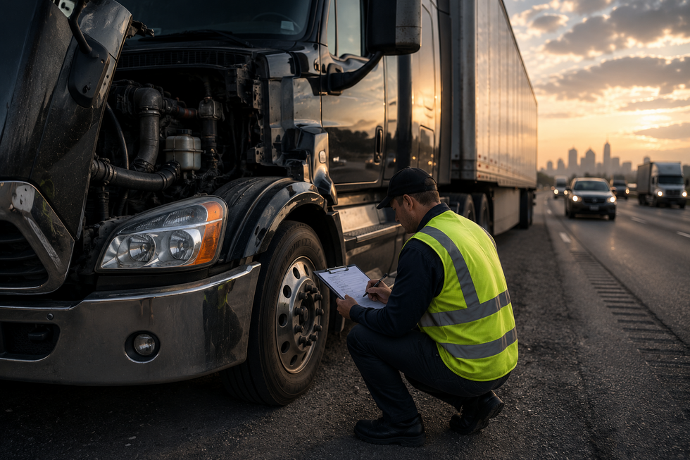 Commercial tractor-trailer undergoing a roadside safety inspection on a New Jersey highway, illustrating how FMCSA safety regulations help prevent truck accidents and protect motorists.
